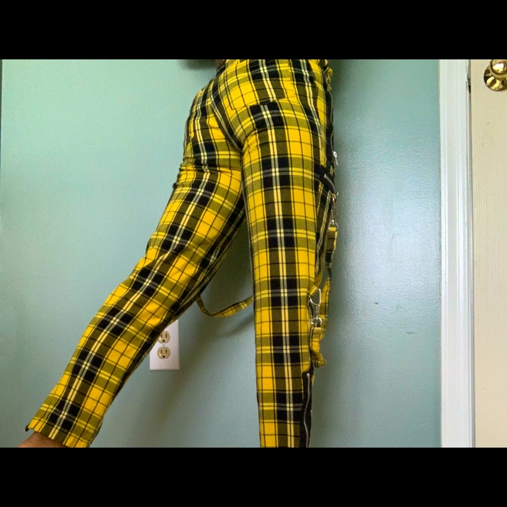 Yellow Plaid Pants with Detachable Chain